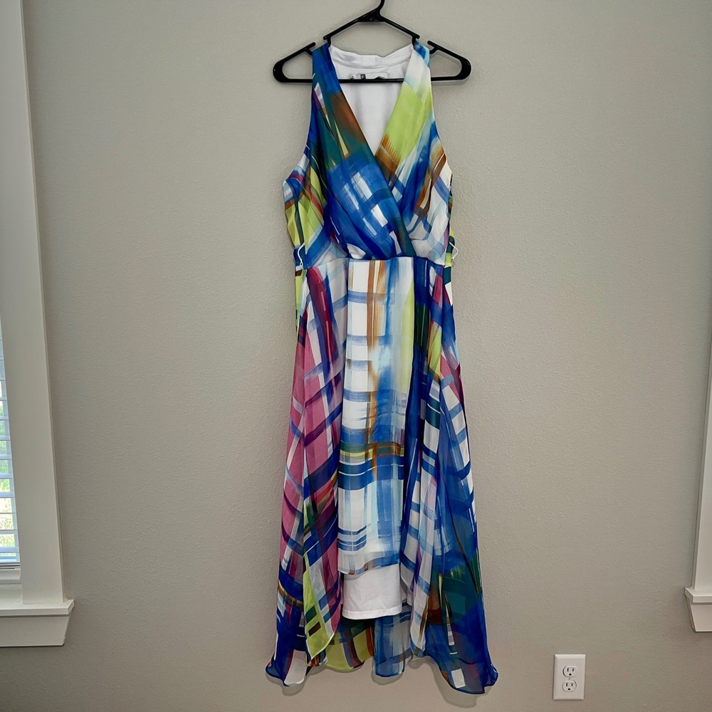 Leslie Fay Dress Womens 14 Multicolor Abstract Plaid Chiffon High Low Surplice